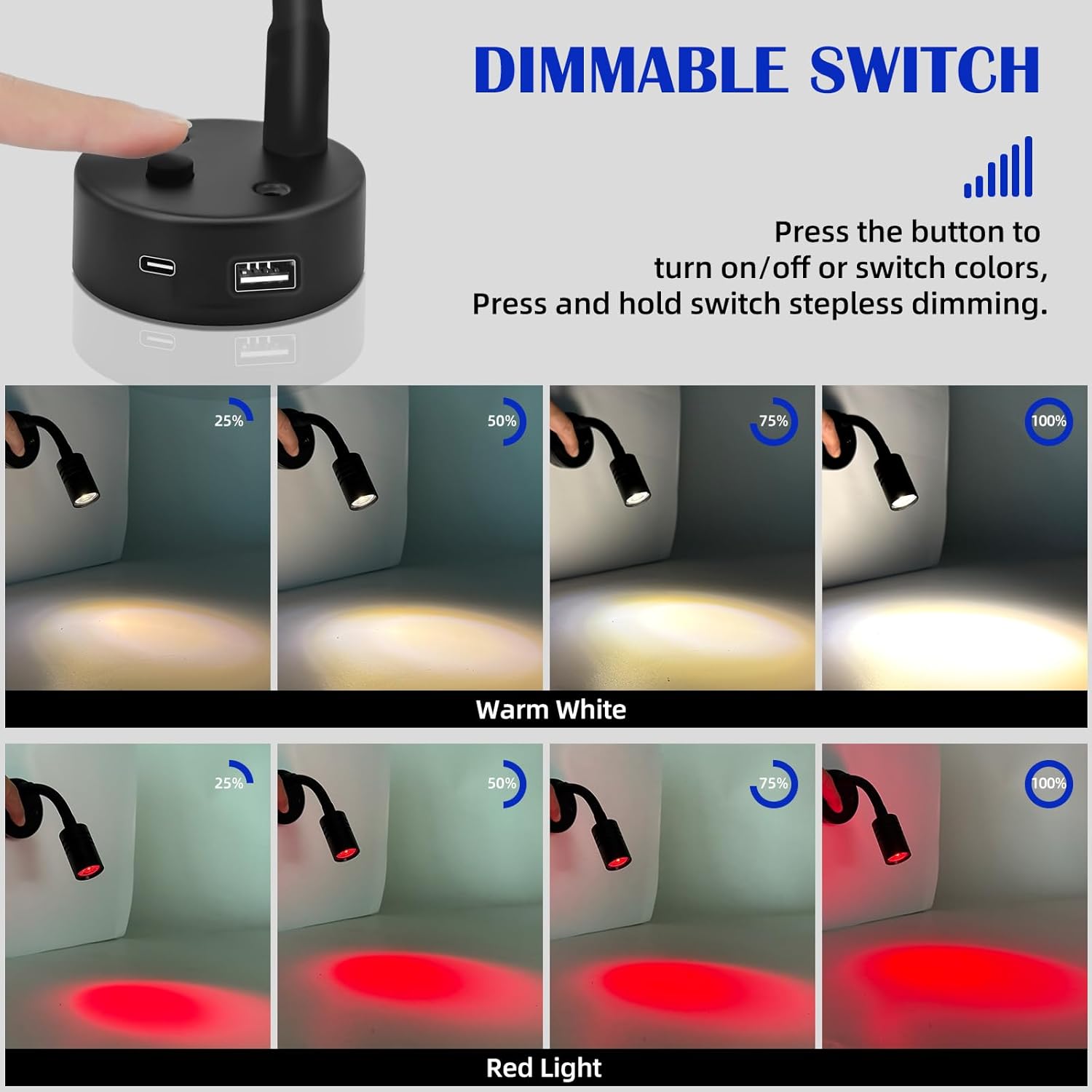 Black RV Short Flexible Gooseneck 12V Interior Light Bedside Reading Lamp 3000K Warm White and Red Night Light Mode + USB-C & USB-A Ports + Dimmable Switch, for Motorhome Camper Truck Van Caravan