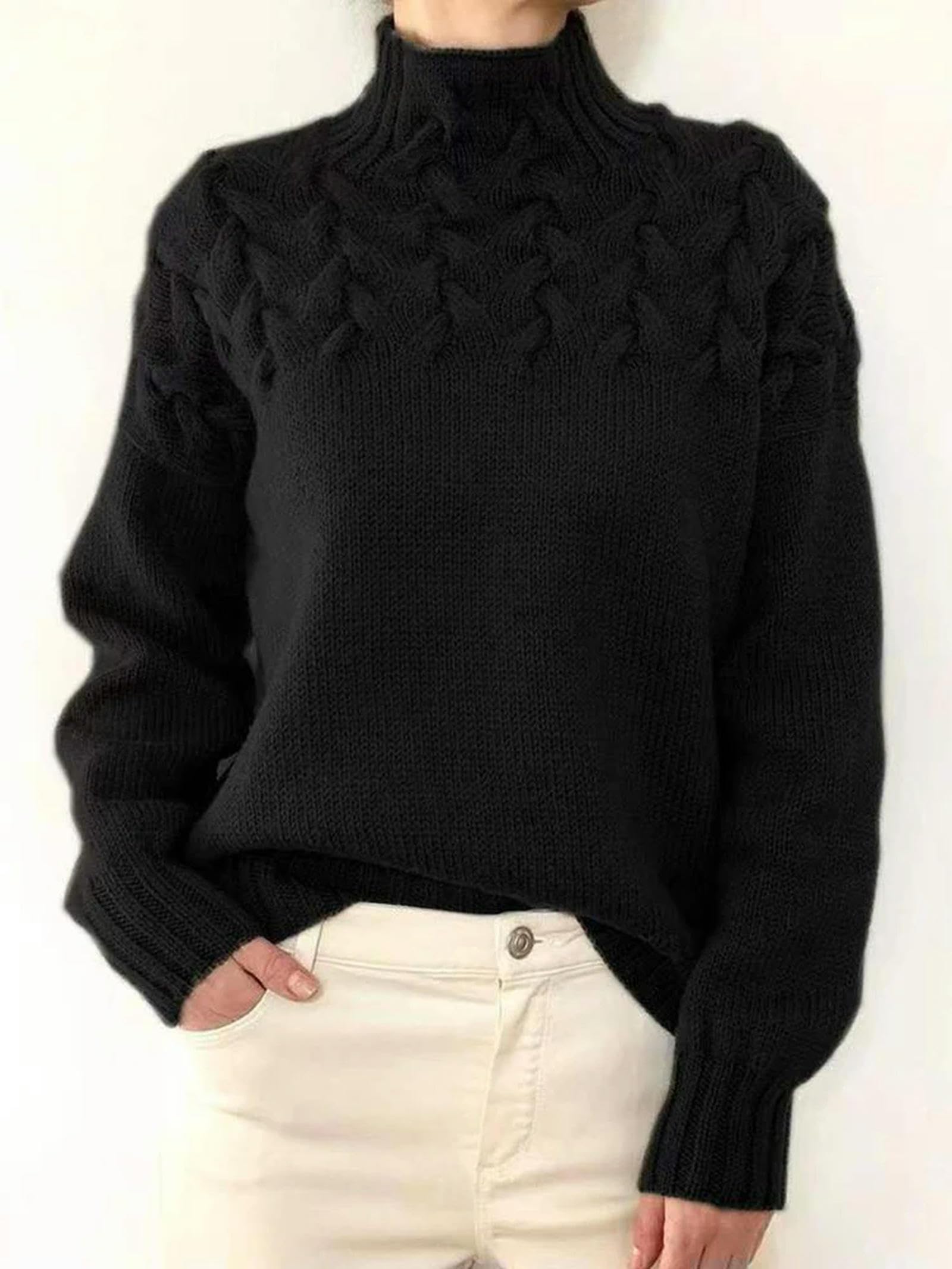 Pullover & Strickjacken für Damen Vintage Rollkragenpullover Frauen Winter Warmer Gestrickter Pullover Dame Elegant Solide Jumper Langarm Strickwege