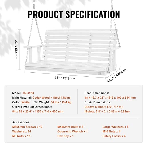 Miniatura 7 de VEVOR Columpio de madera para porche de 4.5 pies, columpio para patio y jardín, capacidad de carga fuerte mejorada de 880 libras, banco de silla