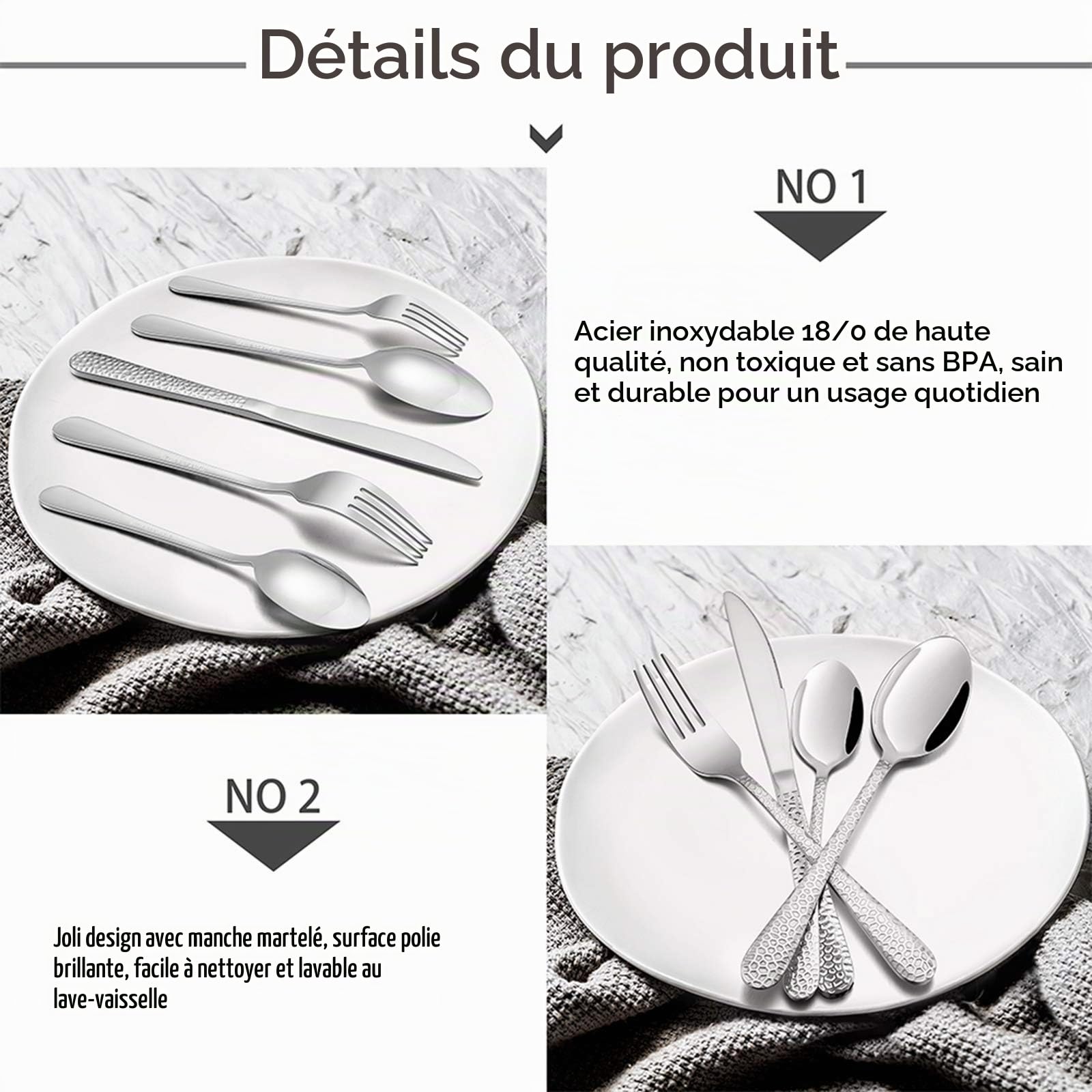 TEAMFAR Ménagère de 60 pièces en acier inoxydable pour 12 personnes, manche marteau, couverts de table avec couteau, fourchette, cuillère, poli brillant et passe au lave-vaisselle