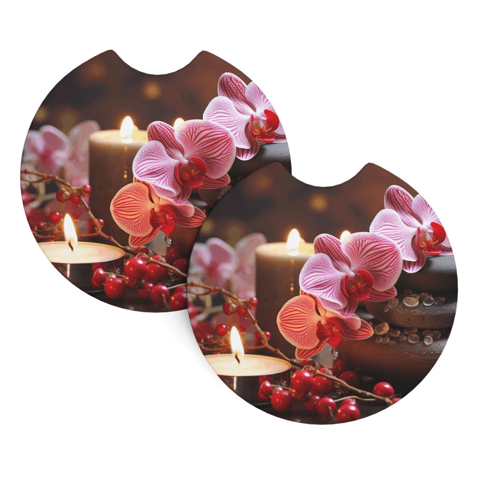 2PCS Car Coaster for Cup Holders Universal Auto Cup Mat Pink Orchid Stone Red Candles Cup Coaster Pad 2.7" Waterproof Neoprene Non-Slip Cup Holder Coasters Car Interior Accessories for Women Men