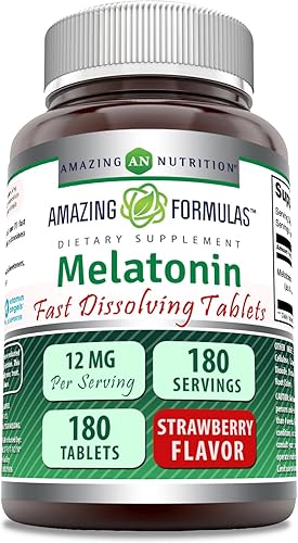 Amazing Formulas - Suplemento de melatonina de disolución rápida de 12 mg por porción, 180 tabletas, sabor a fresa, sin OMG, sin gluten, fabricado
