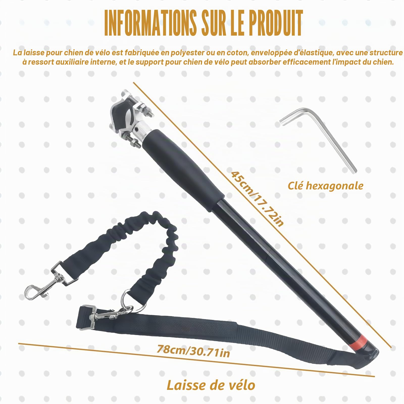Laisse de vélo pour chien : laisse d'exercice rétractable, mains libres, avec clé hexagonale et joint en caoutchouc, entraînement pour chiens