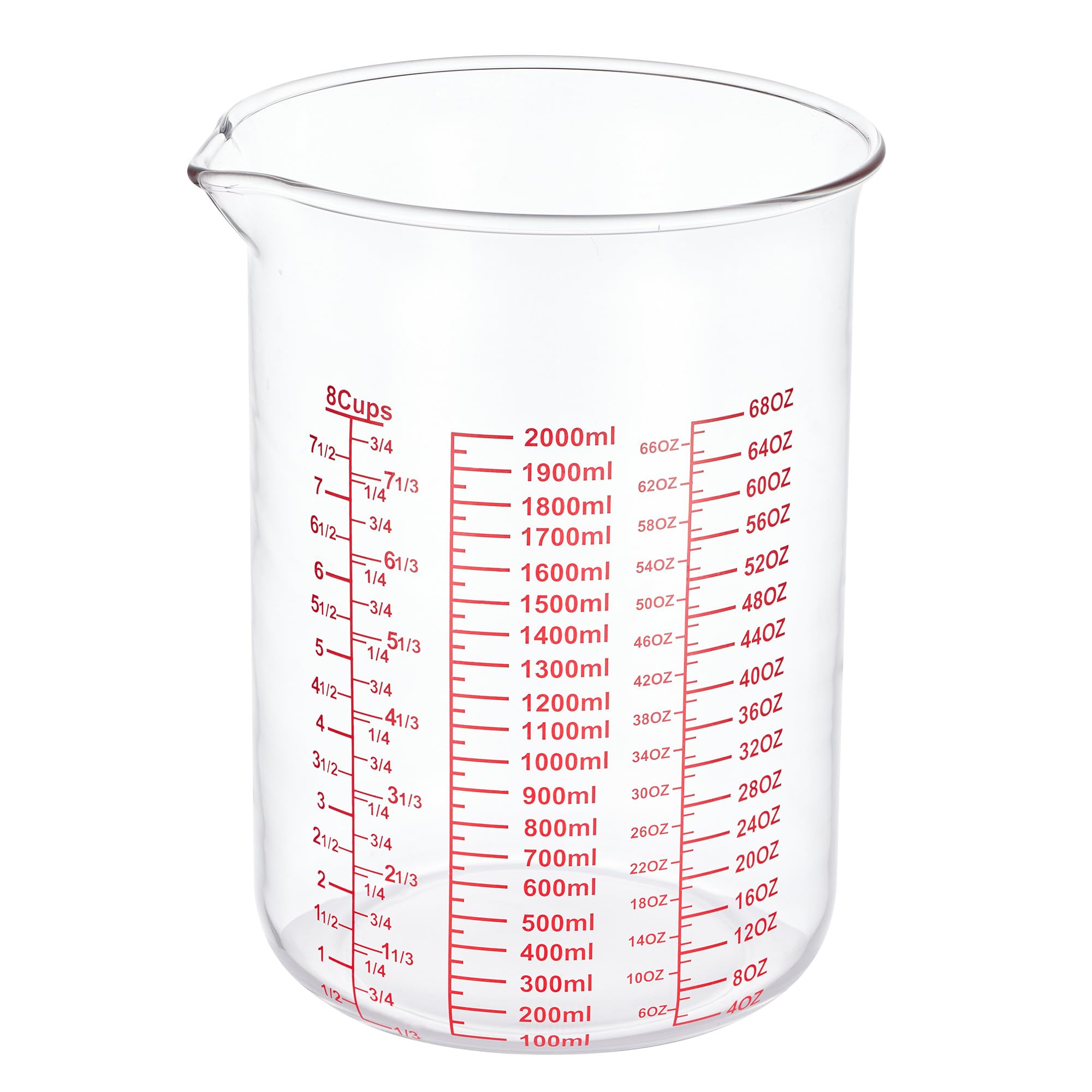 High Borosilicate Glass Measuring Cup-V-Shaped Spout，Glass Measuring Beaker for Kitchen or Restaurant, Easy to Read, 2000 ML (64 Oz, 8Cup)
