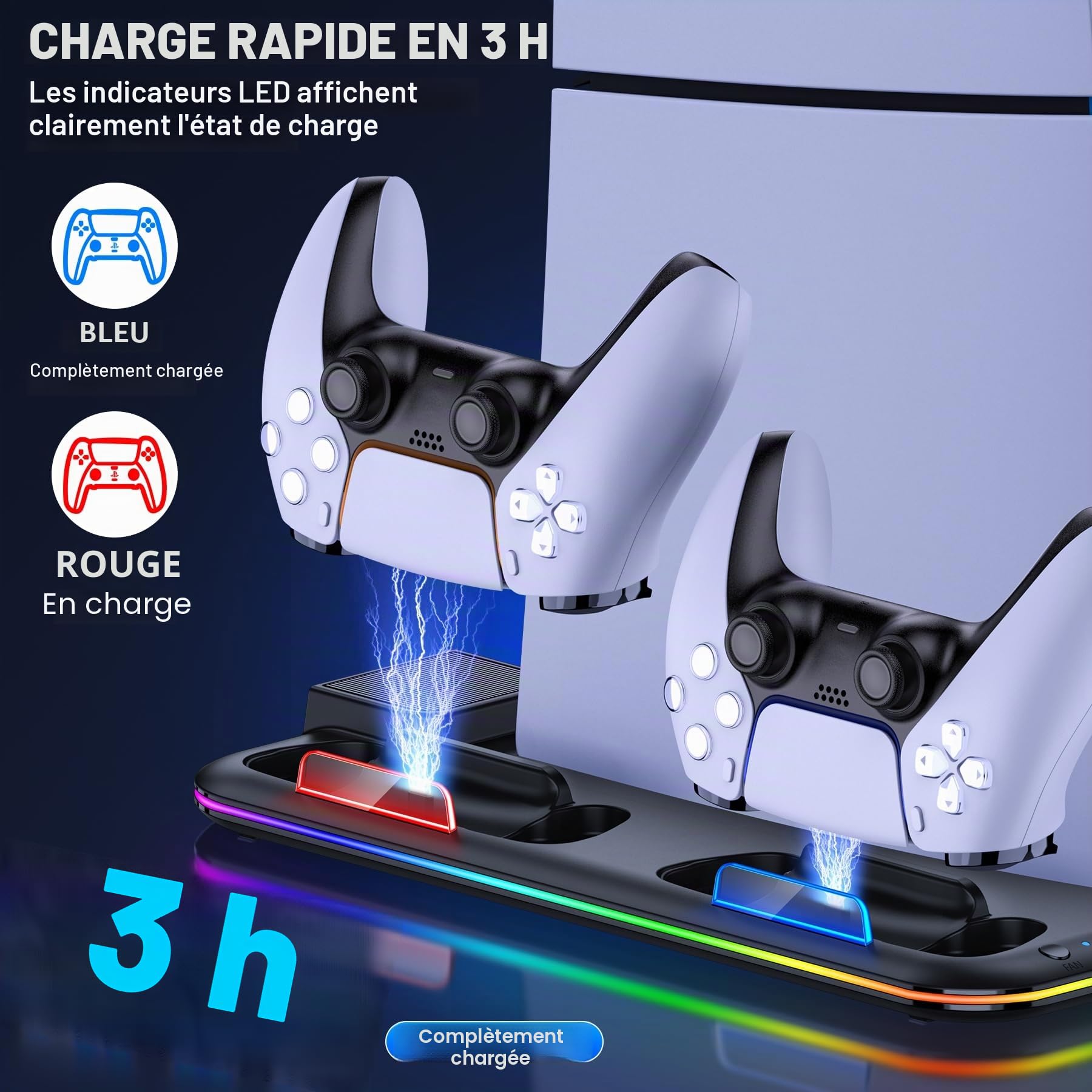 HELLCOOL Socle PS5 avec Ventilateur de Refroidissement, Lumières RVB, Chargeur Double Manette, Porte-Casque, 15 Emplacements de Jeu - Support Vertical pour PS5 Disc/Digital Edition/Slim