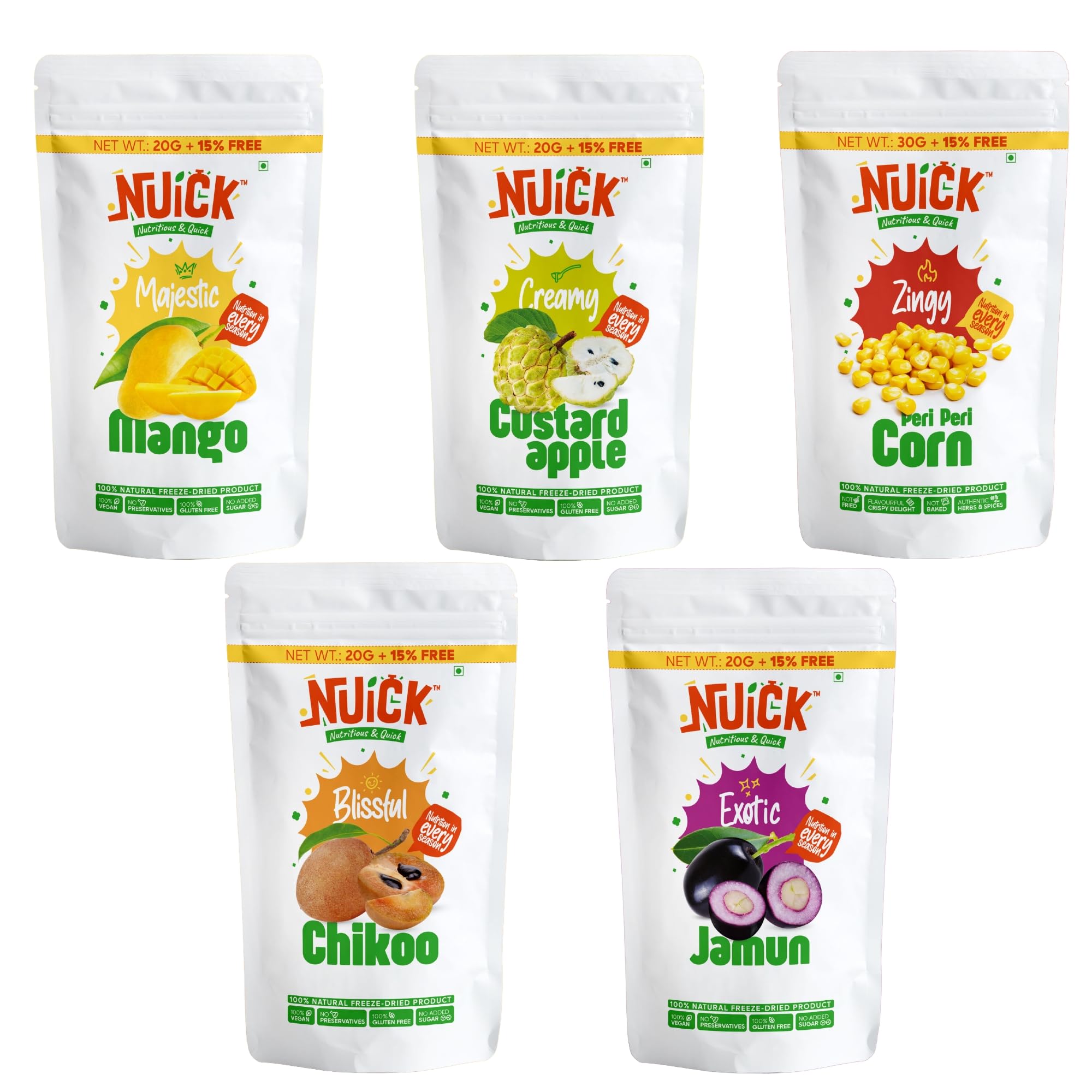 Sponsored Ad - Combo of Freeze Dried Mango, Chikoo, Custard Apple, Jamun & Peri-Peri Corn | Pack of 5 | Not Baked, Not Fried, Not Frozen | Nutritious and Crunchy Snack