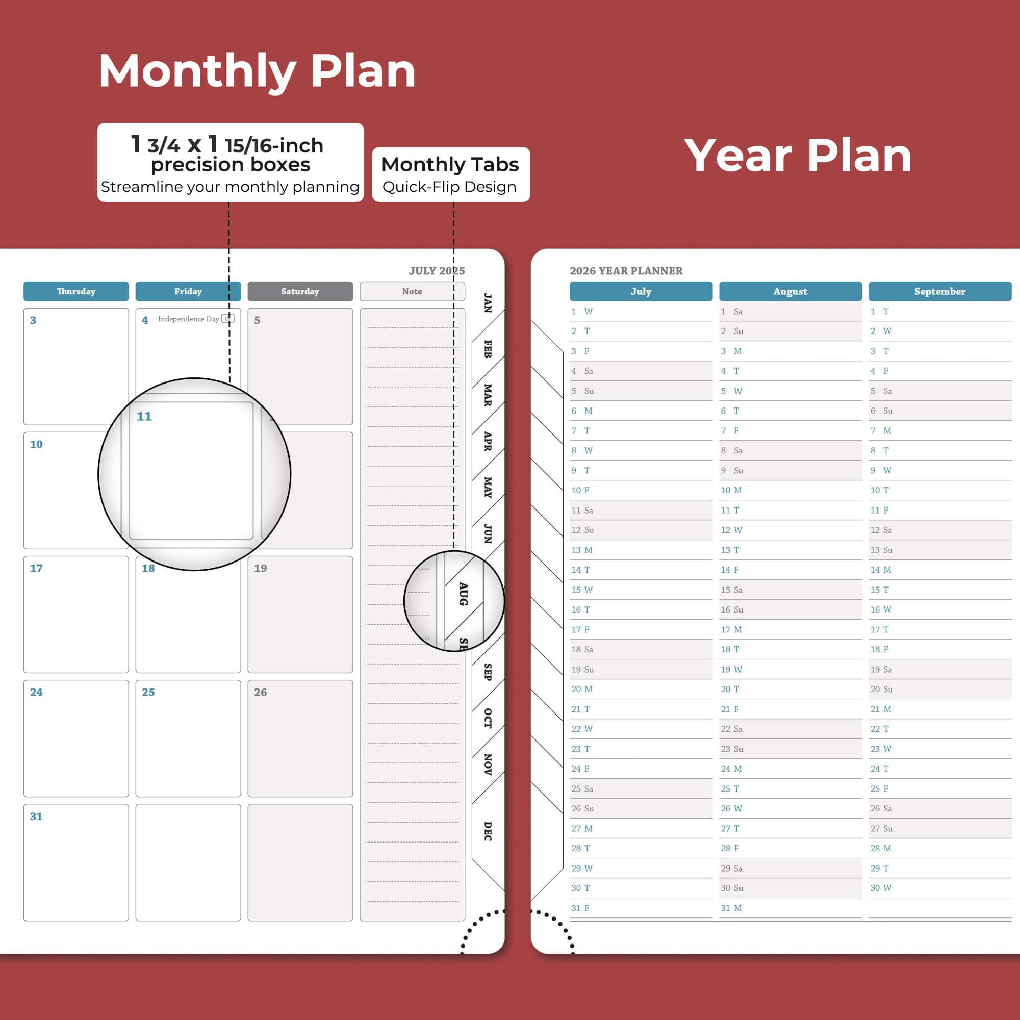 Agenda diaria semanal y mensual 2025-2026, 11.5 x 8.5 pulgadas, calendario encuadernado en espiral de 18 meses con soporte autoadhesivo para bolígrafos, plan académico 2026 con cubierta