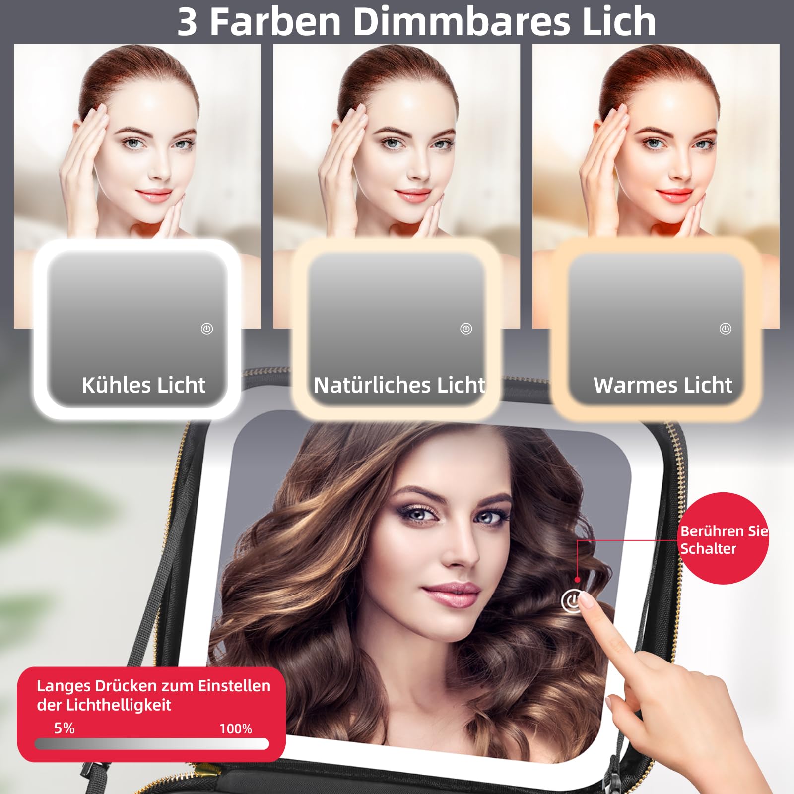 Reisekosmetiktasche mit beleuchtetem Spiegel, 3 Farbmodi dimmbaren Lichtspiegel, wasserdichte PU Leder Make up Organizer Tasche