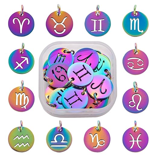 24Pcs 12 Constellation Charms Flat Round Constellation Rainbow Pendants Zodiac Sign Pendants Charm for Jewelry Earring Necklace Making