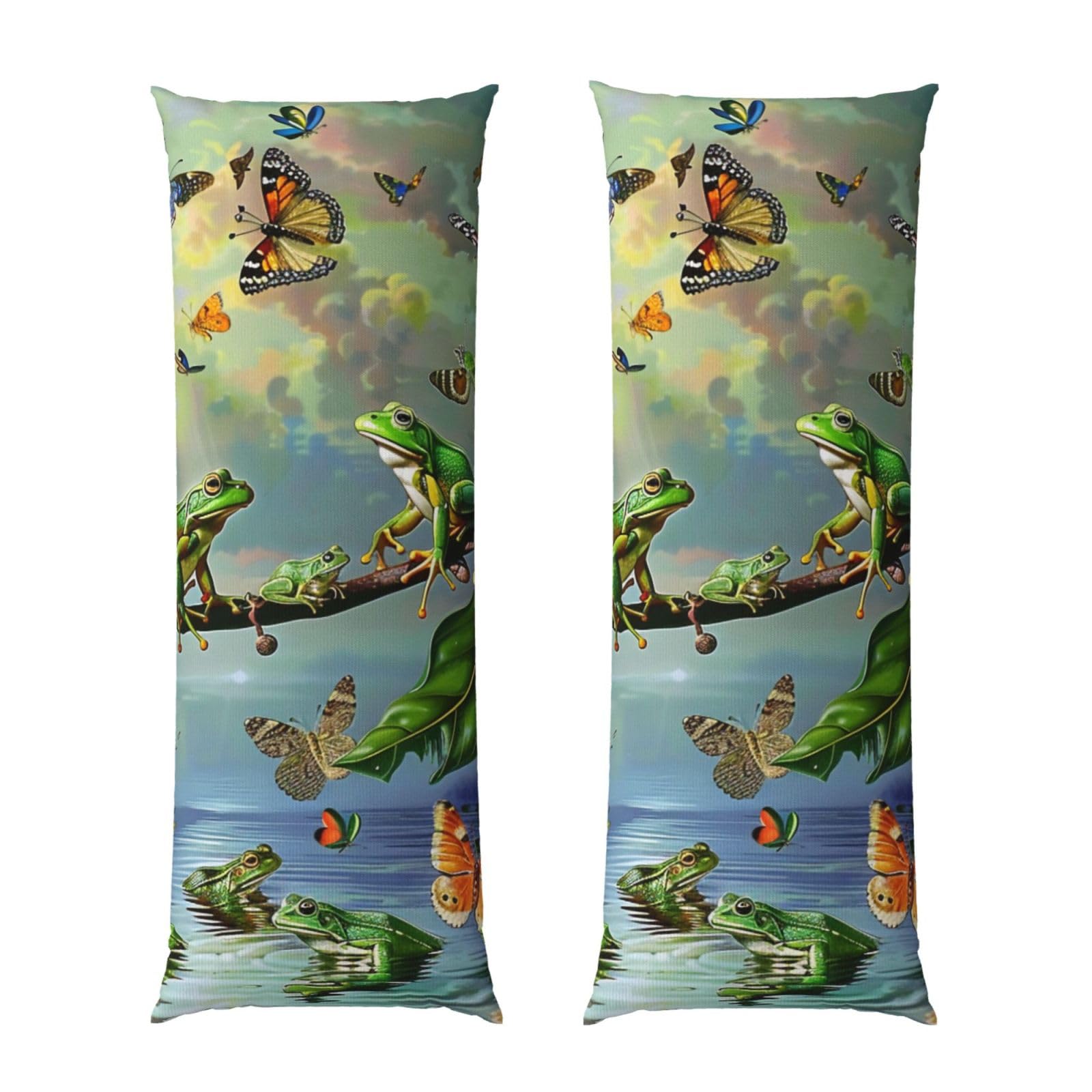Body Pillow Cover 20x54 Inch, Many Frogs Sing on The Branches Summer Butterflies Print Long Lumbar Pillow Case with Zipper Long Body Pillowcase Decorative for Bed Sofa Bedroom