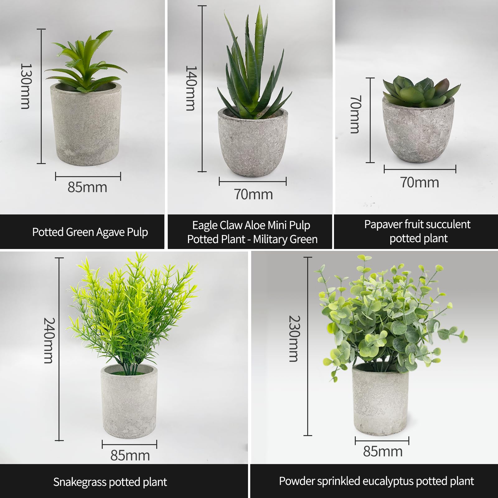 5 Pezzi Piante Artificiali, Mini Piante finte Serpentine, Eucalipto, Agave Succulente, Aloe Artiglio d'Aquila, Piante artificiali da Interno e da Esterno per Camera da Letto Ufficio