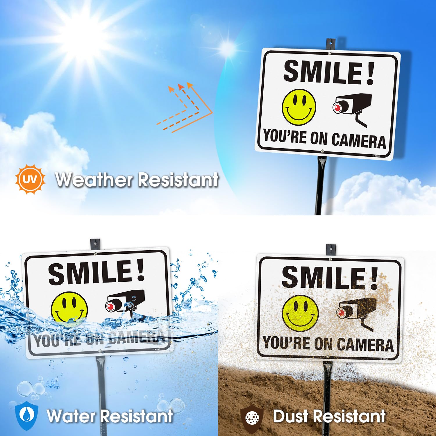 T&R Letrero de videovigilancia grande con estaca de 137 cm, 35,5 x 25,4 cm, aluminio libre de óxido .040, reflectante, impermeable y resistente a la decoloración, 2 agujeros preperforados, incluye