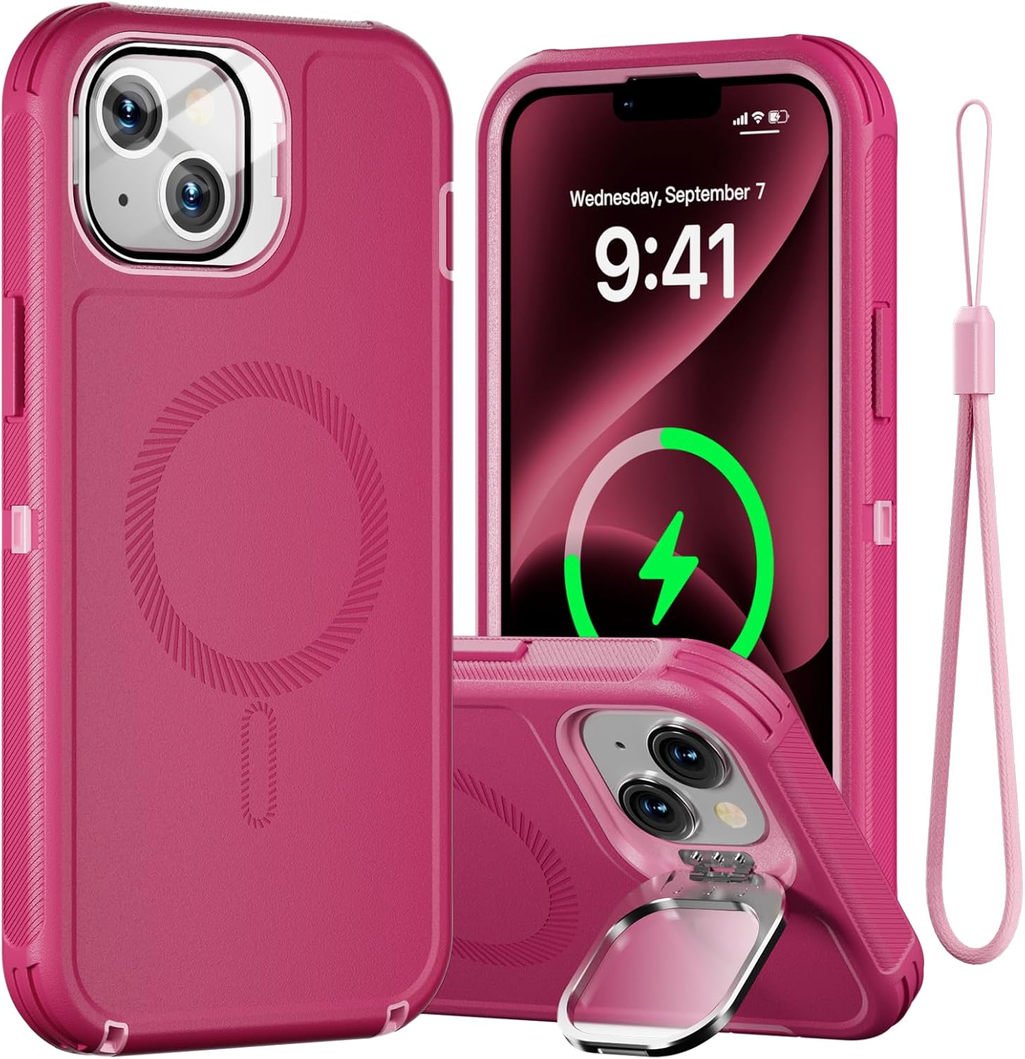 for iPhone 14 Plus Case with Stand & Built-in Camera Cover, MagSafe Compatible, Heavy-Duty Shockproof Protection, Magnetic & Rugged Phone Cover for iPhone 14 Plus 6.7'', Hot-Pink