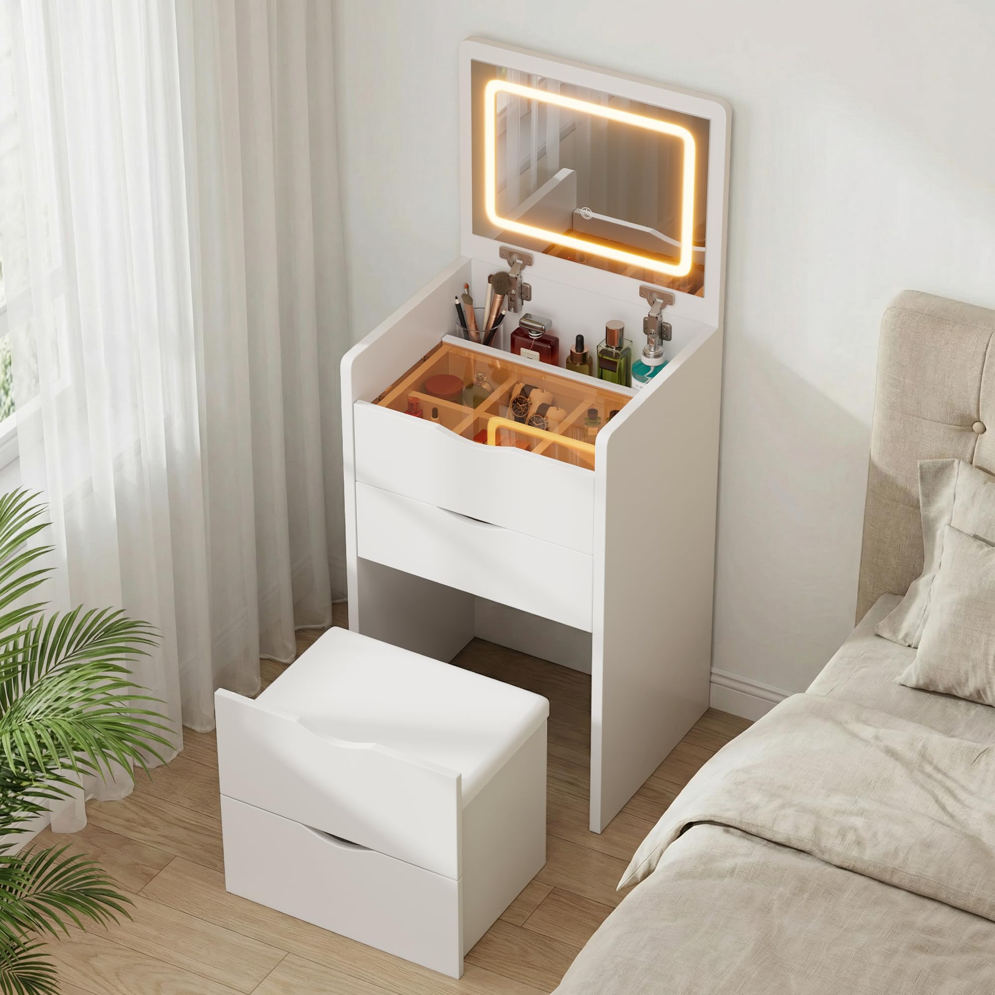 Dressing Table: 48X40X120 cm Vanity Desk, Vanity Table With Flip-up Mirror And 3 Colour Adjustable LED light, Modern Makeup Desk Featuring 3 Storage Drawers and a Storage Bench with Soft Padding