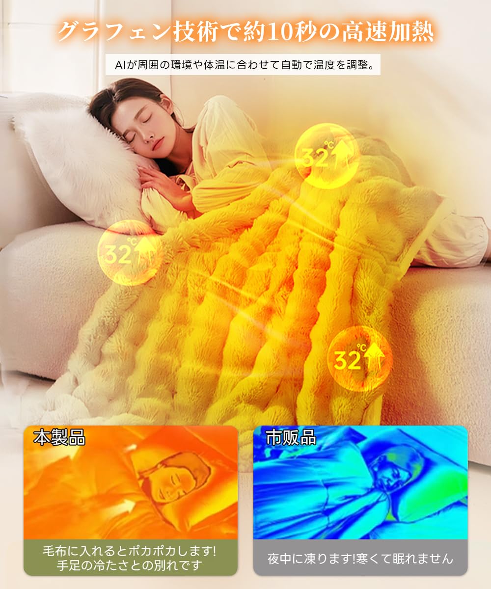 AI自動温度調整 電気毛布 膝掛け 肩掛け 表面ラビットファー調＋裏面フランネル Amazon.co.jp : 電気毛布 膝掛け 肩掛け 【2025 AI自動温度調整 表面