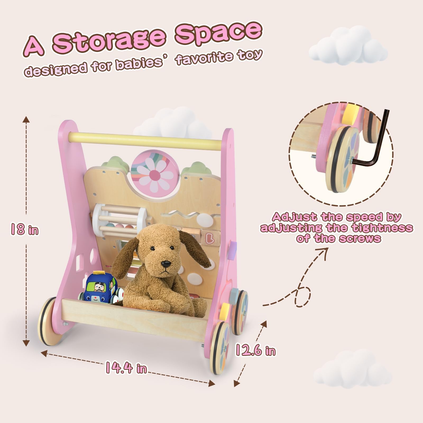 LOL-FUN Lauflernwagen Holz mit Spiel, Lauflernhilfe für Baby ab 1 Jahr Rosa | Lauflernhilfe mit Motorikspiel, Multi Aktivitäten Spielzeug für 1 Jahr Jungen Mädchen