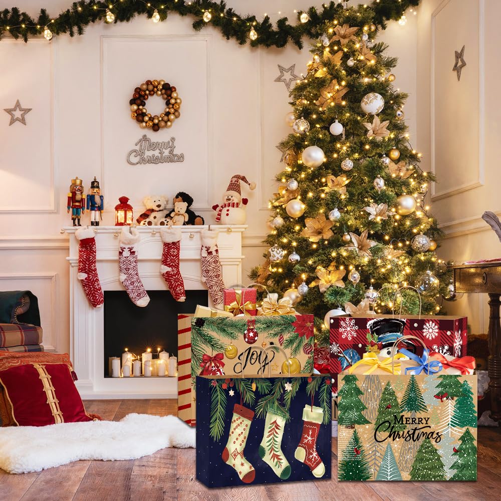 DULEFUN 12 extra große Weihnachts-Geschenktüten, Kraftpapiertüten zum Verpacken von Weihnachtsgeschenken, Partygeschenken