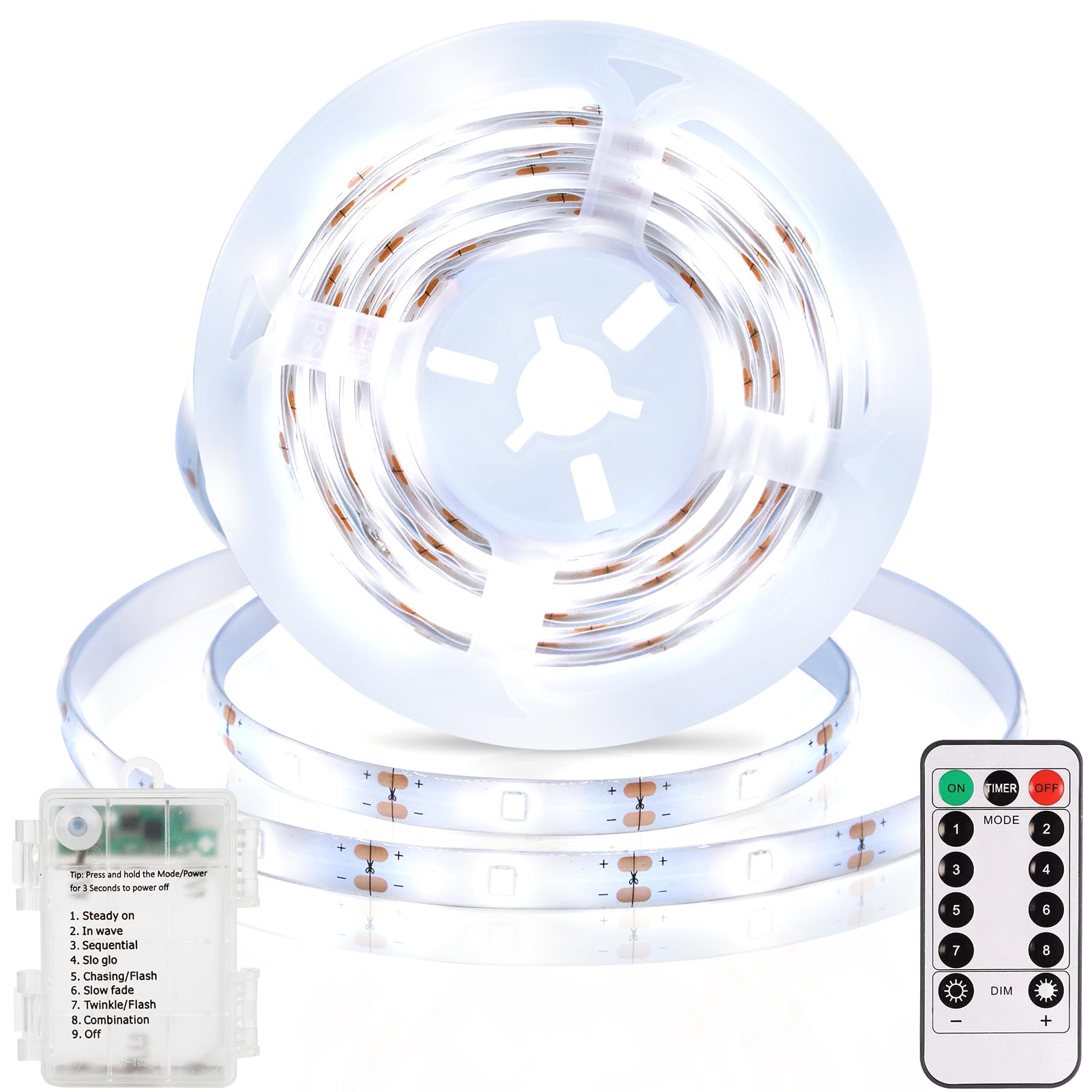 echosari 3.3FT 6000K Strip Lights Battery Operated, Tape Light with Remote 8 Modes Timer Self-Adhesive Cuttable, Strip Lights for Bedroom Cabinets