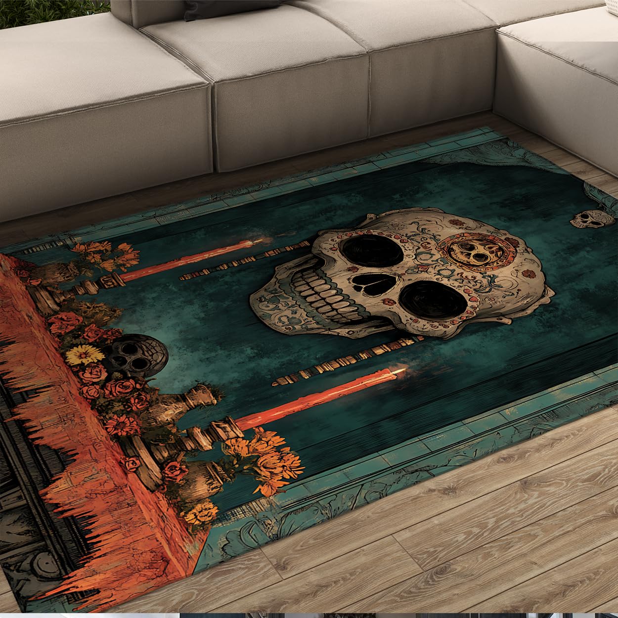 60 x 100 cm Dywan Vintage Dzień Zmarłych Czaszka Świece Nagietki