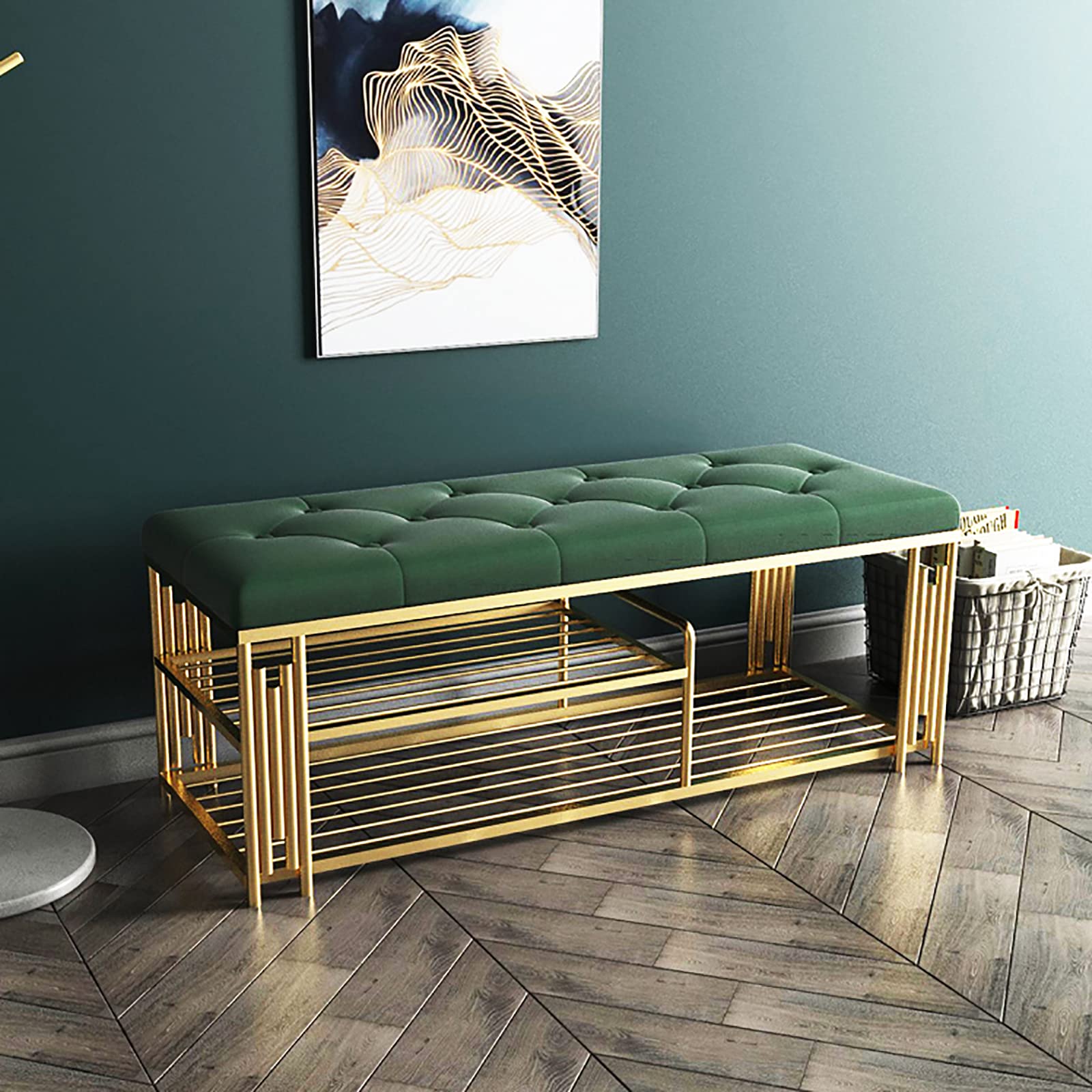 EsEntL ③-Panca Scarpiera a Livelli,Panchina Portascarpe Premium con Seduta con Cuscino Imbottito E Ripiano in Metallo,Panchina Portascarpe Moderna per Ingresso Organizzatore di Scarpe-A 80x35x42cm(