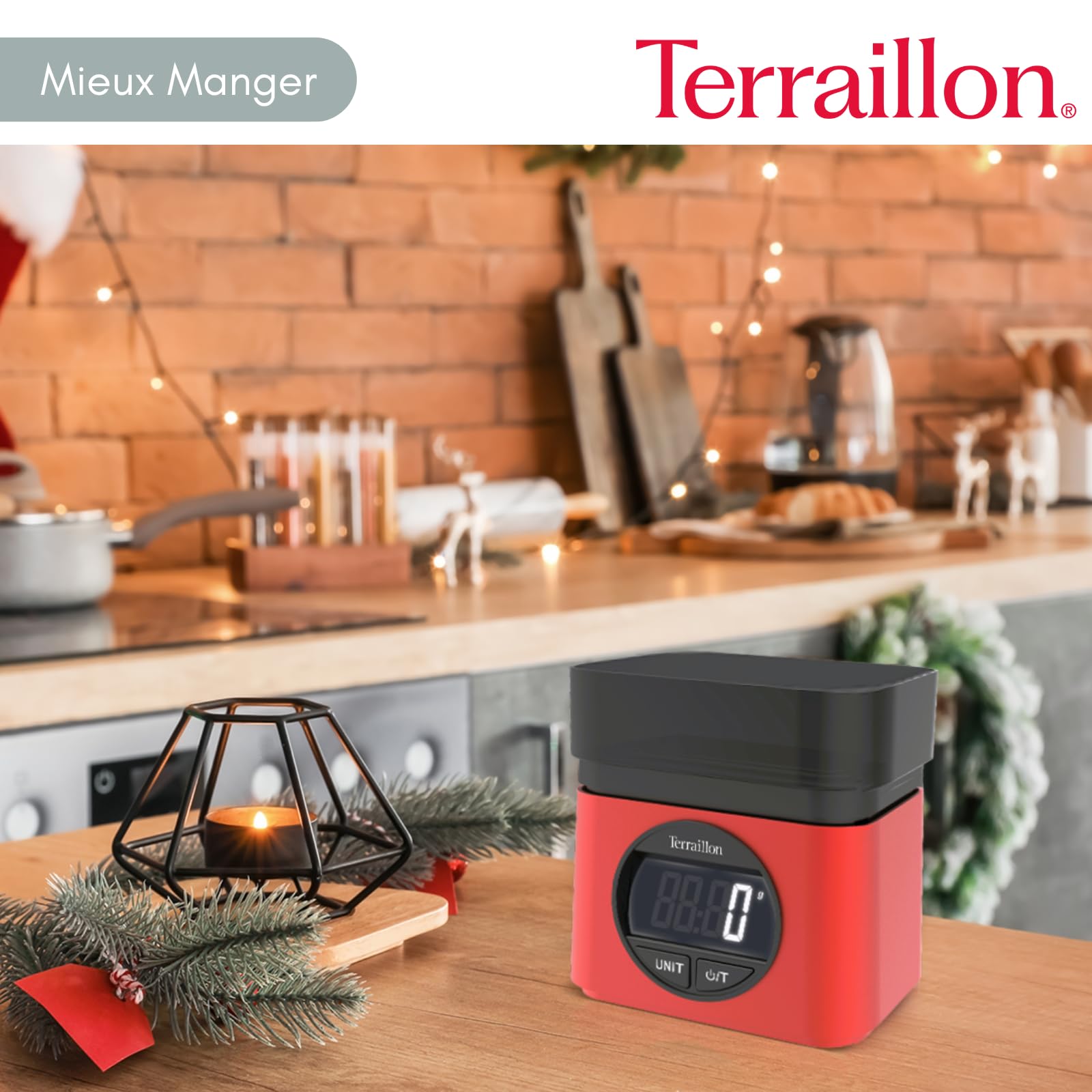 TERRAILLON BA22 MYTHIQUE - Báscula electrónica de cocina, diseño icónico y retro, cuenco integrado 0,7 L, pantalla LCD grande, pantalla XXL de dígitos, función Tare, rojo