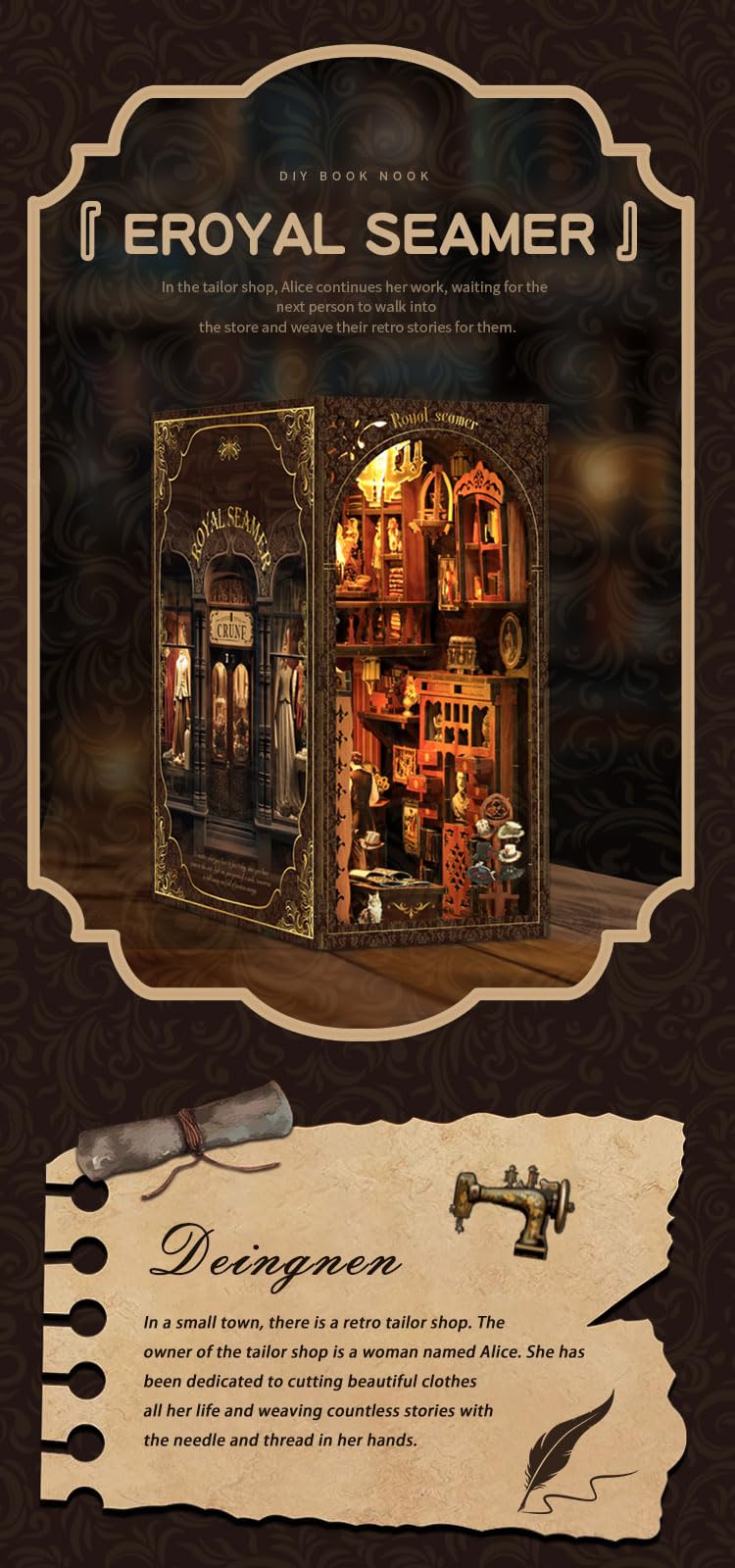 Book Nook Kit, DIY Miniature Dolls House Kit with Furniture and LED Light, 3D Puzzle Wooden Art Bookends - Image 4