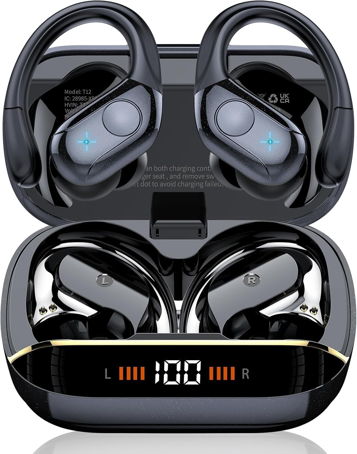 Qecnato Wireless Earbuds Bluetooth 5.4 Headphones 75H Stereo Deep Bass Sports Over Ear Buds with Earhooks, LED Display Bluetooth Earbuds with 4 ENC Mic, IP7 Waterproof Earphone for Running, Black