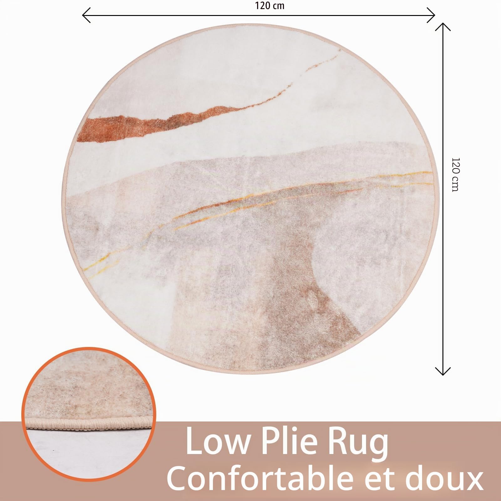Tapis de salon, rond, 120 cm, design abstrait, beige, marron clair, marron foncé, dessous antidérapant, poils courts et doux, pour chambre à coucher