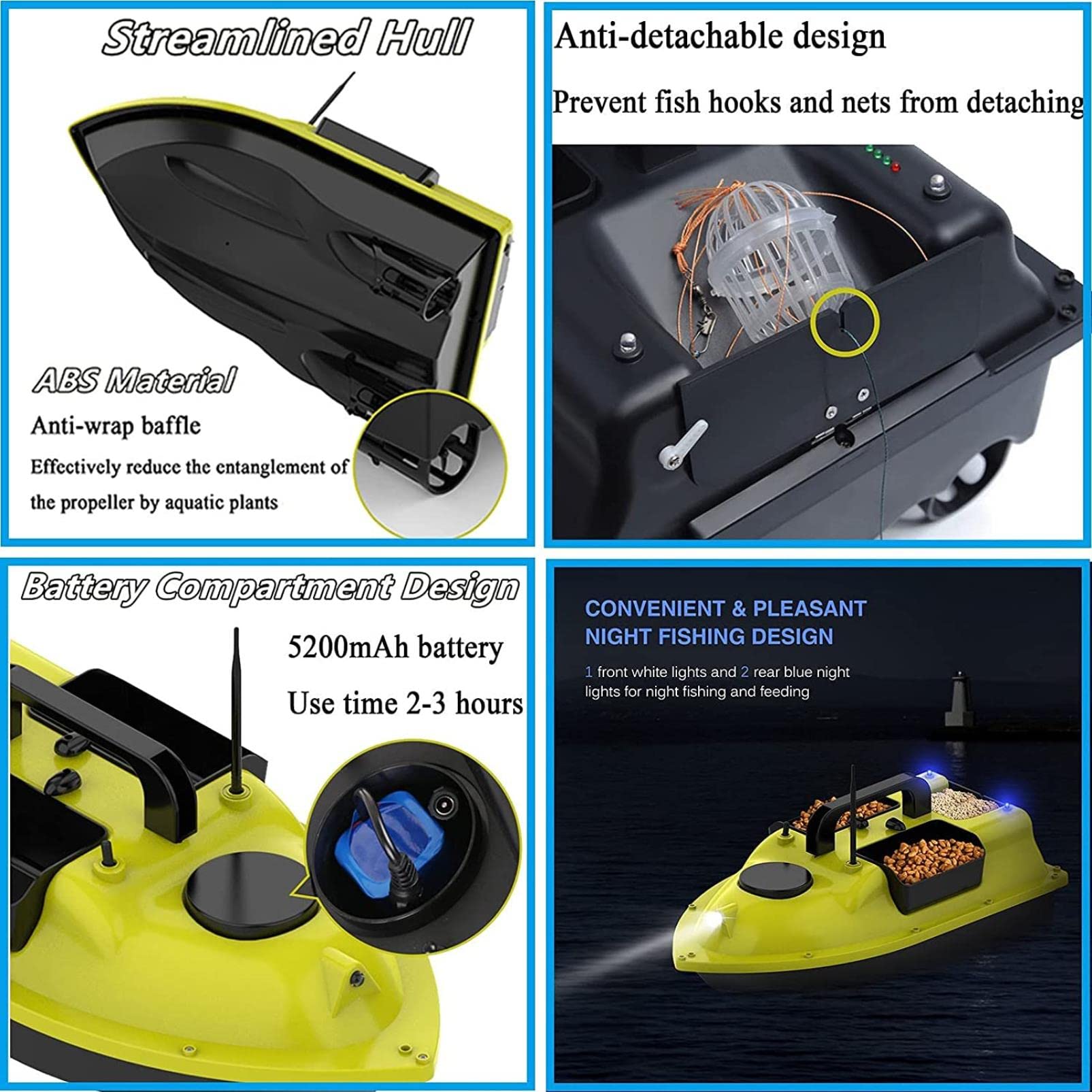 500 m GPS Wireless fischkaberboot Carp Pesca Barca Boot rc Boot 3 Imbuto LCD GPS fischfinder con sensore Sonar, Barca Esca, Pesca, Barca del Nido, Giallo -5200 mAh*1