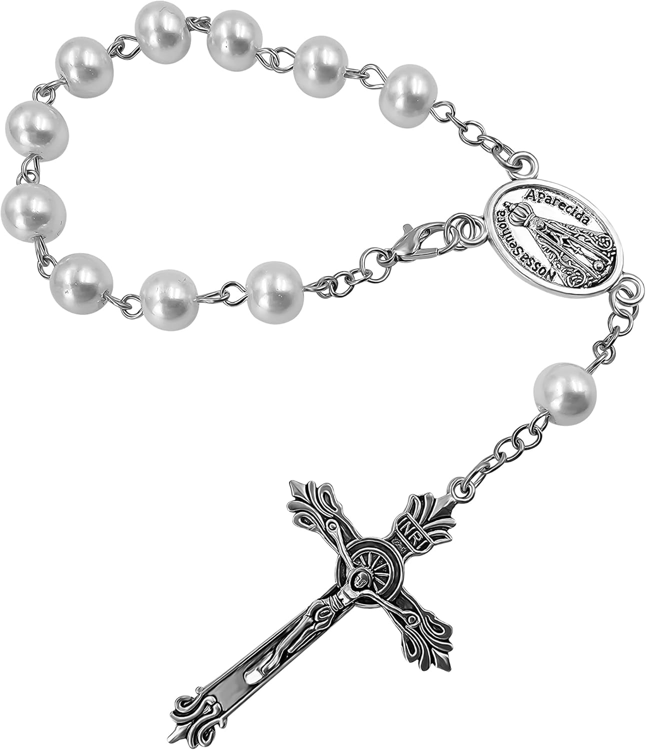 Saint Christopher Medal Car Rosary for Rearview Mirror White Pearl Glass Beads Catholic One Decade Auto Rosary for Women Men Religious Gift - Image 8
