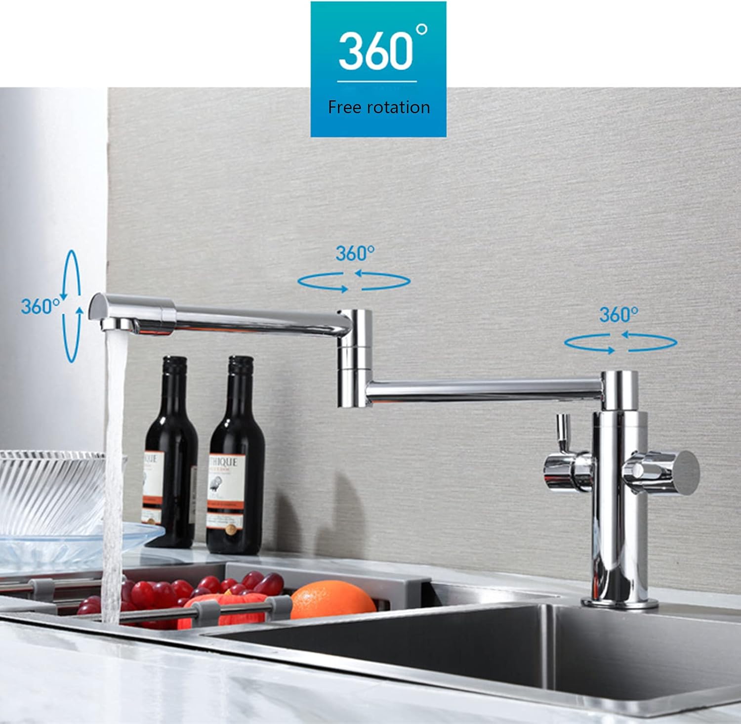 Folding Sink 360°Rotation Telescopic Kitchen Brass Double Handles Hot and Cold Water Mixer Tap, 1 Hole Deck Mounted, Electroplating Process Faucets