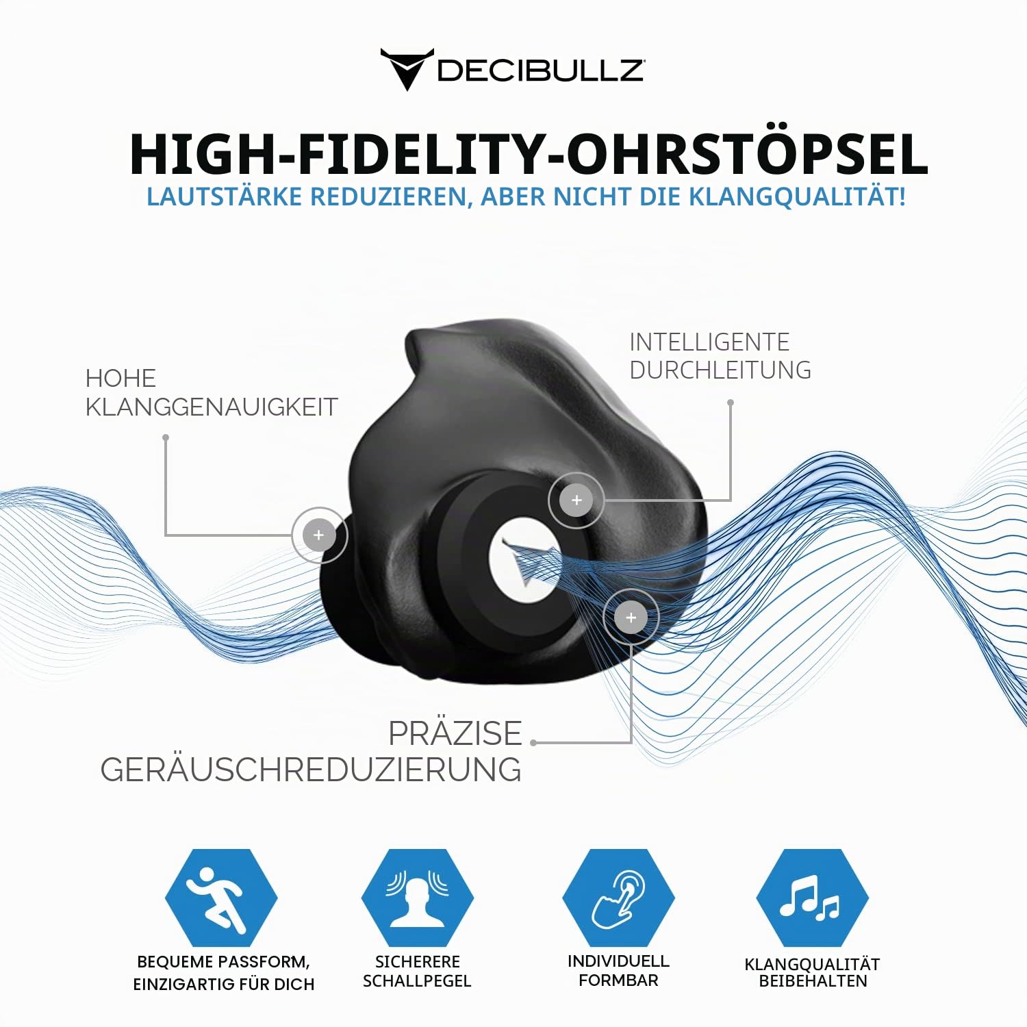 Decibullz – Custom Moulded High-Fidelity (Hi-Fi) Ohrstöpsel Filter für Konzerte und Veranstaltungen (Schwarz)