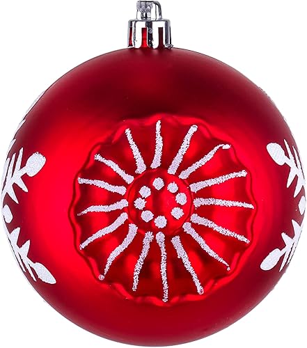 Miniatura 5 de National Tree Company First Traditions Adornos para árbol de Navidad, rojo con motivos de copo de nieve blanco, juego de 6