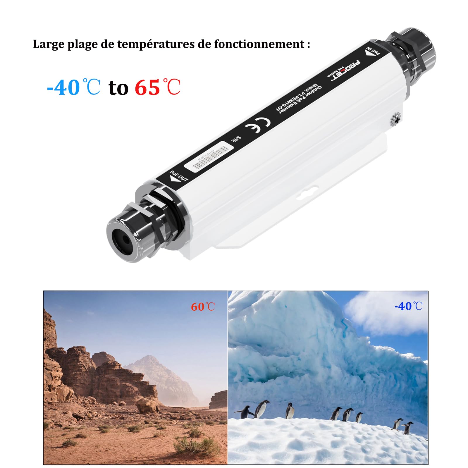 PROCET Répéteur PoE Gigabit extérieur, jusqu'à 30W PoE+ avec Protection Contre Les surtensions 6kV, Plage de températures de -40 °C à 65 °C, Extension de 100 mètres, étanchéité IP67