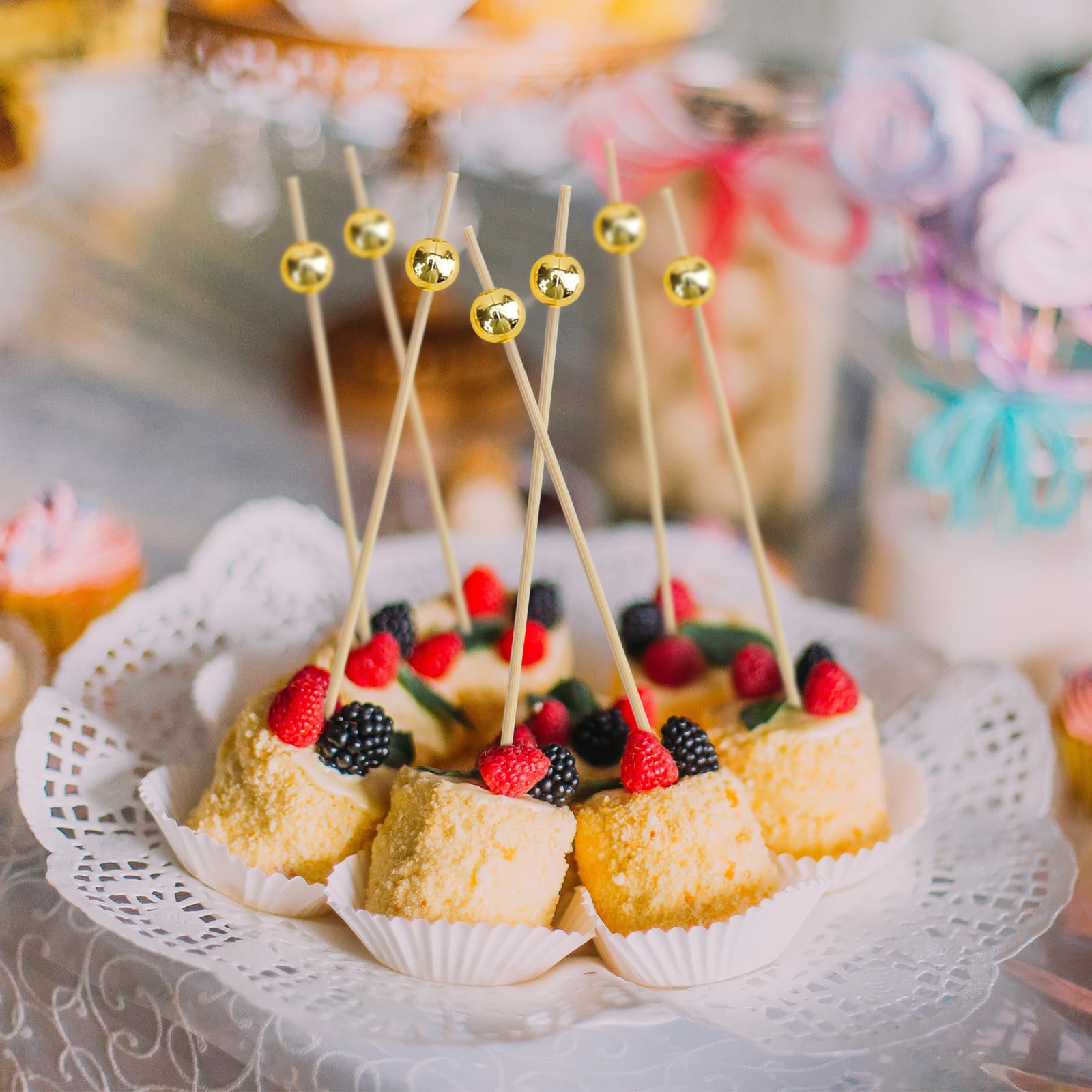 1000 palillos de cóctel elegantes para aperitivos, palillos de cóctel de bambú de 4.7 pulgadas, pinchos de aperitivos para bebidas, frutas, embutidos, fiesta de comida de boda, dorado
