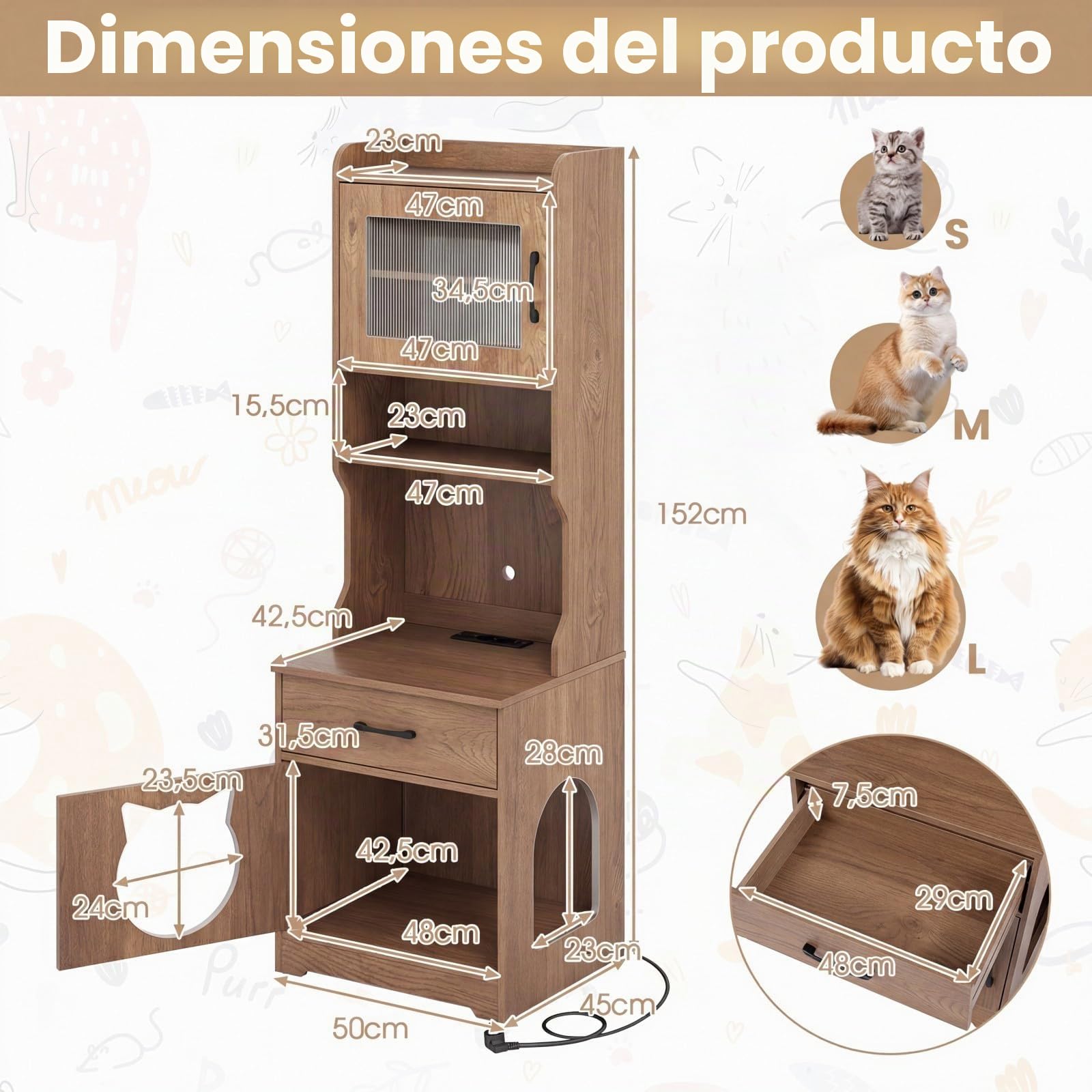 COSTWAY Mueble Arenero Gatos Alto con Luz LED, Armario Arenero para Gatos con Estantes, Estación de Carga, Cajón, 20 Modos de Luz, Control Remoto, Mueble Auxiliar para Gato, 50x45x152 cm (Natural)