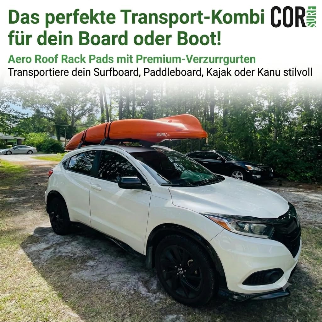 Aero-Dachgepäckträgerpolster und hochwertige, Kratzfeste Spanngurte mit Schnallen aus Silikon für Surfbretter, SUP-Boards, Kajaks und Kanus (Schwarz, 71CM Breit Pad & 3M Straps) von COR Surf