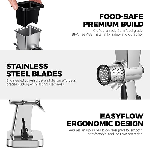 Miniatura 5 de LHS Rallador de queso giratorio de acero inoxidable, triturador manual de queso, rallador de nueces con 3 cuchillas de tambor intercambiables para
