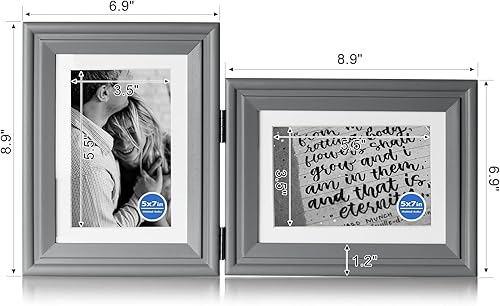 Miniatura 2 de Marco de fotos doble de madera con bisagras de 5 x 7 pulgadas vertical y horizontal en gris, pantalla de 4 x 6 pulgadas con paspartú o 5 x 7