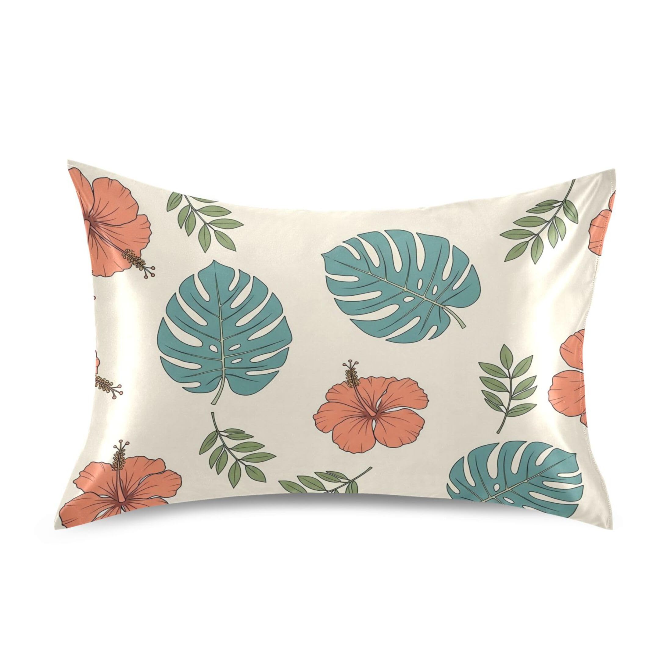 Fuauuyl Pillowcase Queen Size 20x30 in, Hibiscus Monstera Leaves Soft Breathable Satin Pillow Case for Hair and Skin with Envelope Closure Wrinkle-Free