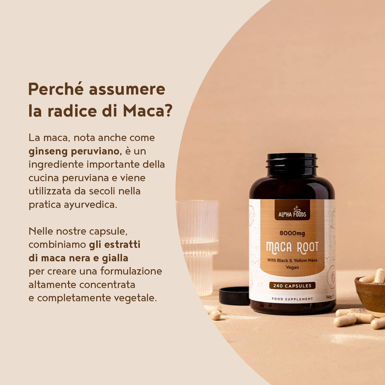 Maca Peruviana Nera Extra Forte | 8000mg per Capsula di Estratto di Maca Gialla + Black/Nera | Equilibrio Ormonale | 240 Capsule Vegane Alto Dosaggio | Alpha Foods