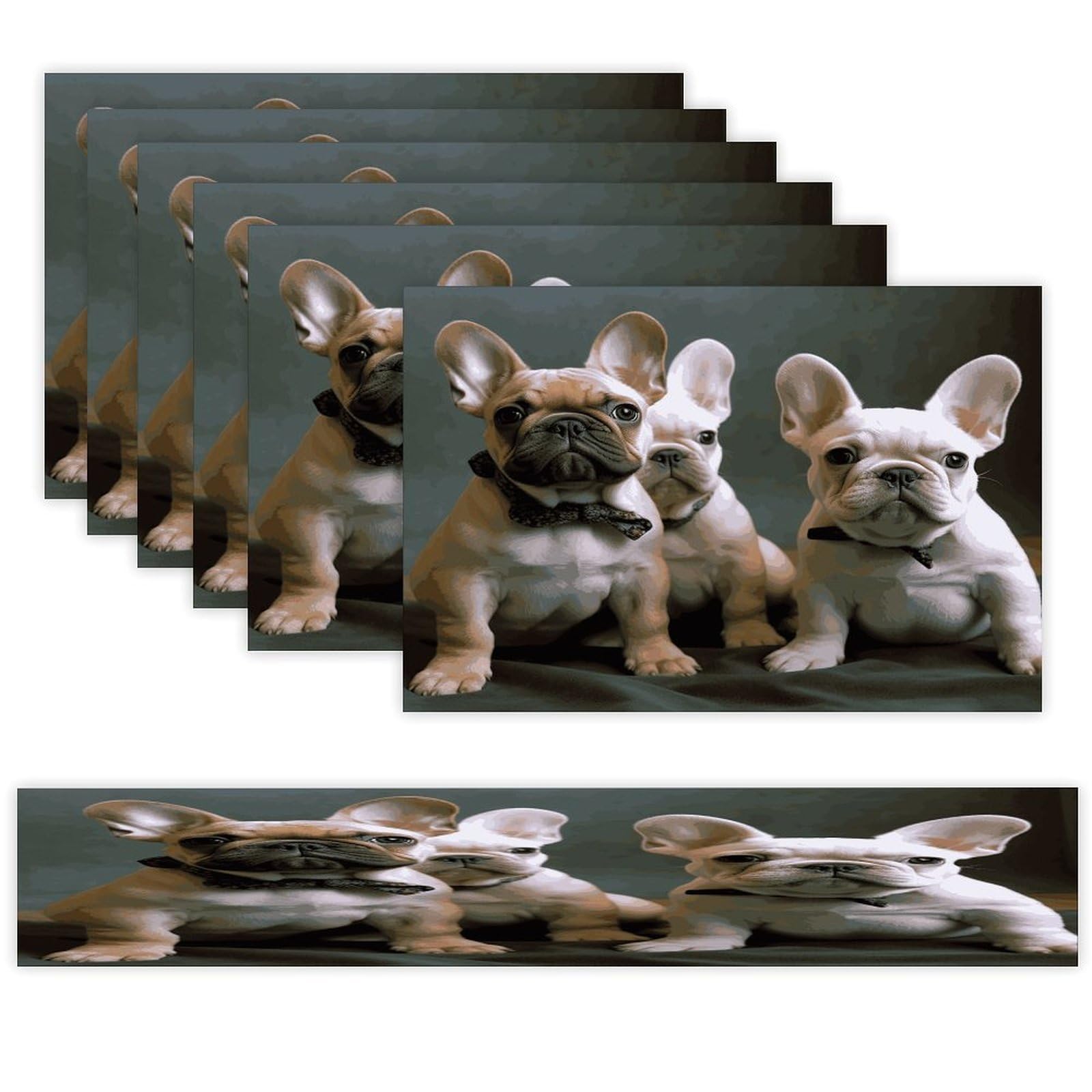 French Bulldog Puppies Table Runner and Placemats Set of 6 for Kitchen Washable Table Mats Heat Resistant Place Mats Non-Slip Place Mat Wipeable Placemat(6 Placemats+1 Table Runner)