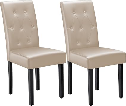 Furmax Ergonomic Dining Chairs Set of 2, PU Leather Dinning Room Chairs, Button Tufted Kitchen Chairs with Adjustable Wood Legs for Kitchen Living Room Leather Beige, 2