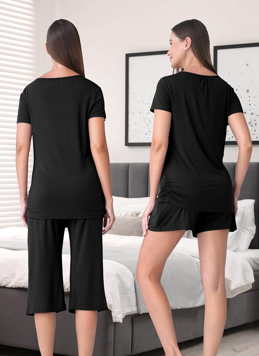 3 Piece Nursing Pajamas Set for Women Breastfeeding Shirts Pjs Postpartum Shorts&Capri Pants Pockets - Image 3