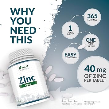 Zinc Tablets 40mg - 365 Vegan Tablets - 1 Year Supply - 1 a Day - Easy to Swallow Zink Gluconate - Supplement for Men & Women - Made in The UK - Nu U Nutrition