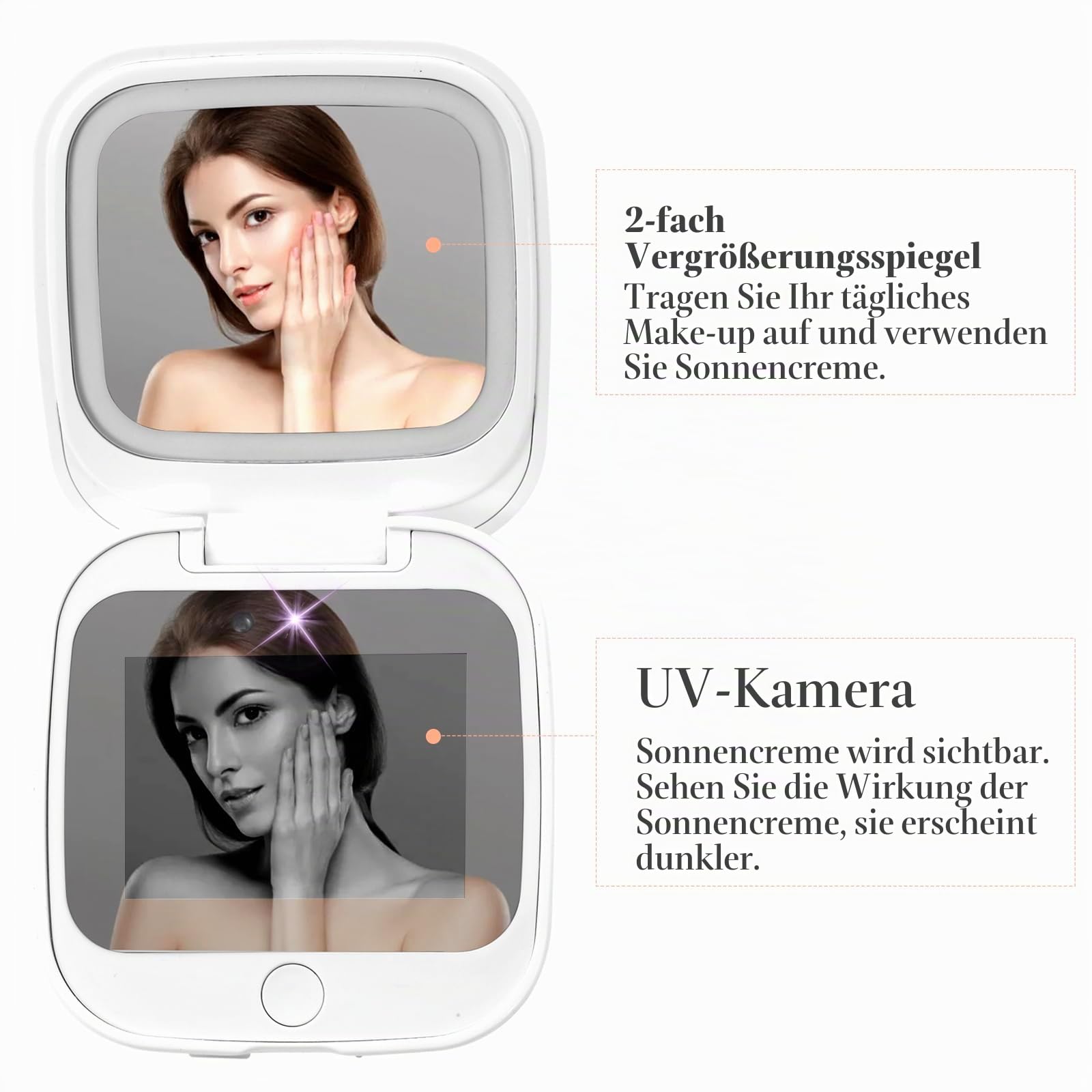 UV-Kamera-Spiegel für Sonnenschutz-Test & SPF-Erkennung, 1x/2-fache Vergrößerung, Reisespiegel mit dimmbaren LED-Lichtern, 2-seitiger tragbarer Make-up-Spiegel für Handtasche/Tasche, Weiß