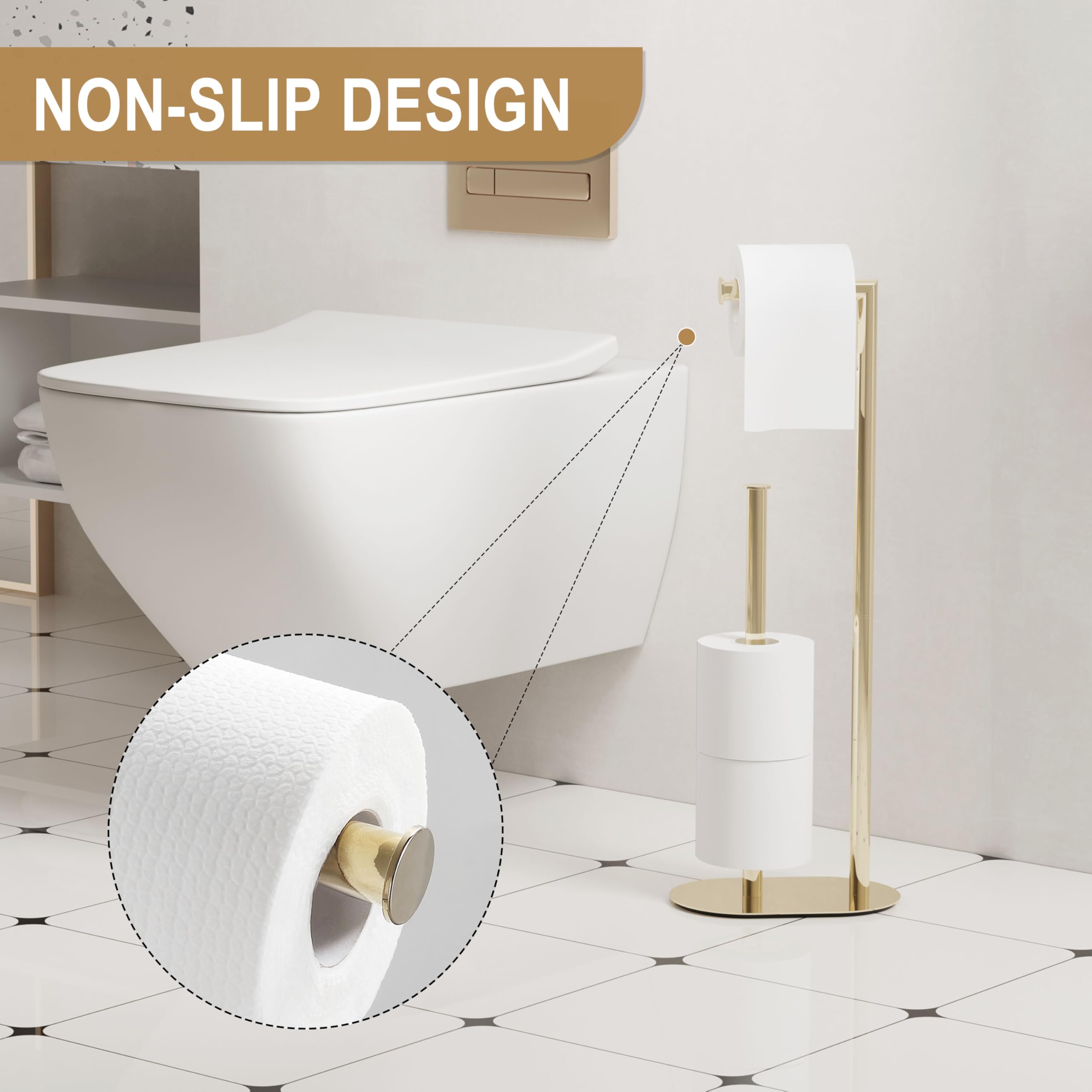 BVL Portarrollos de papel higiénico de pie, dorado, acero inoxidable, soporte para papel higiénico de pie, soporte para papel higiénico independiente, soporte para rollos de papel higiénico
