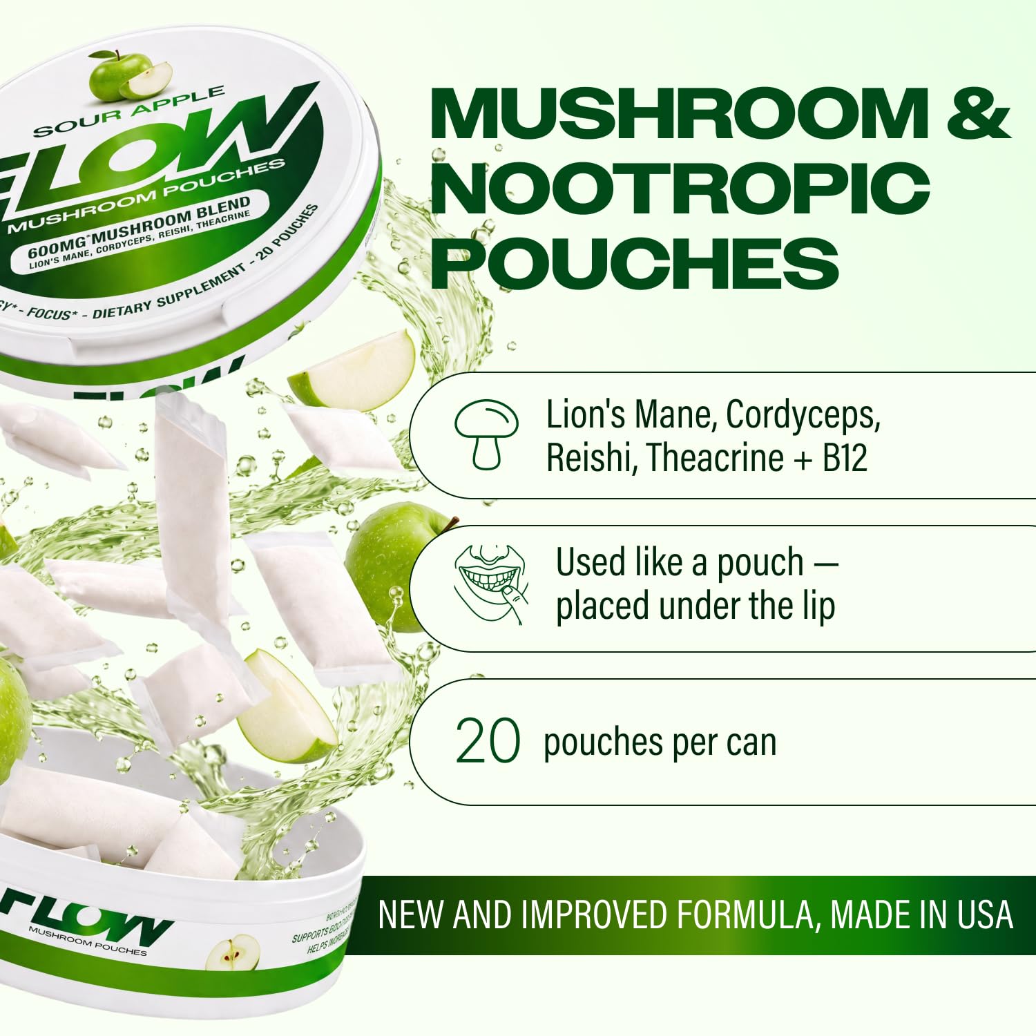 Flow Pouches Mushroom Nootropic Pouches, 600mg Lion's Mane Reishi Cordyceps Energy Pouches for Focus and Clean Energy, Caffeine Free Sugar Free Nicotine Free, Now Made in USA (5 Cans, Sour Apple) — Amazon image 2
