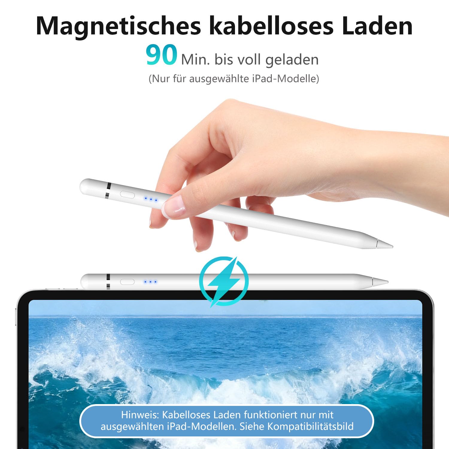 Pencil 1. Generation für Apple iPad, iPad Stift Mit Magnetische drahtlose Aufladung &Neigungssensitivität und Palm Rejection, Pencil USB C für iPad A16 11-6, Air 7/6/5/4/3, Pro M4/M3/M2, Mini 5/6