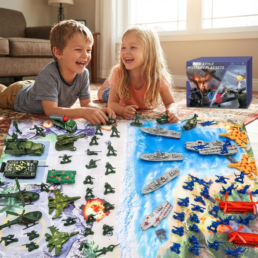 Army Men Playset - Large Set Including Army Men Action Figures, Battle Mat, Army and Navy Weapon Gear Accessories, Military Combat Toys, Army Toys for Boys Age 4-12